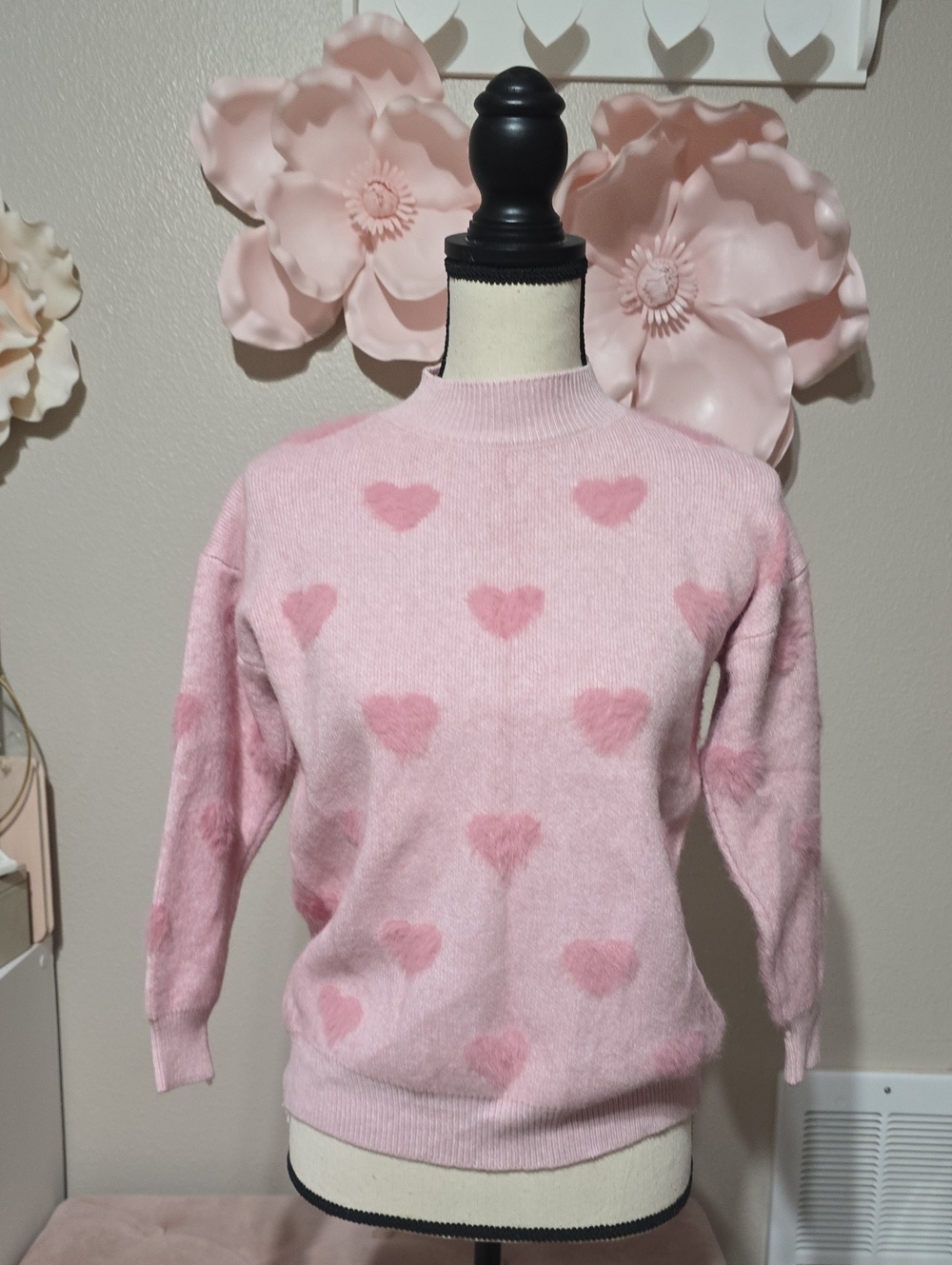 Pink Heart Pattern Crewneck Sweater - Women